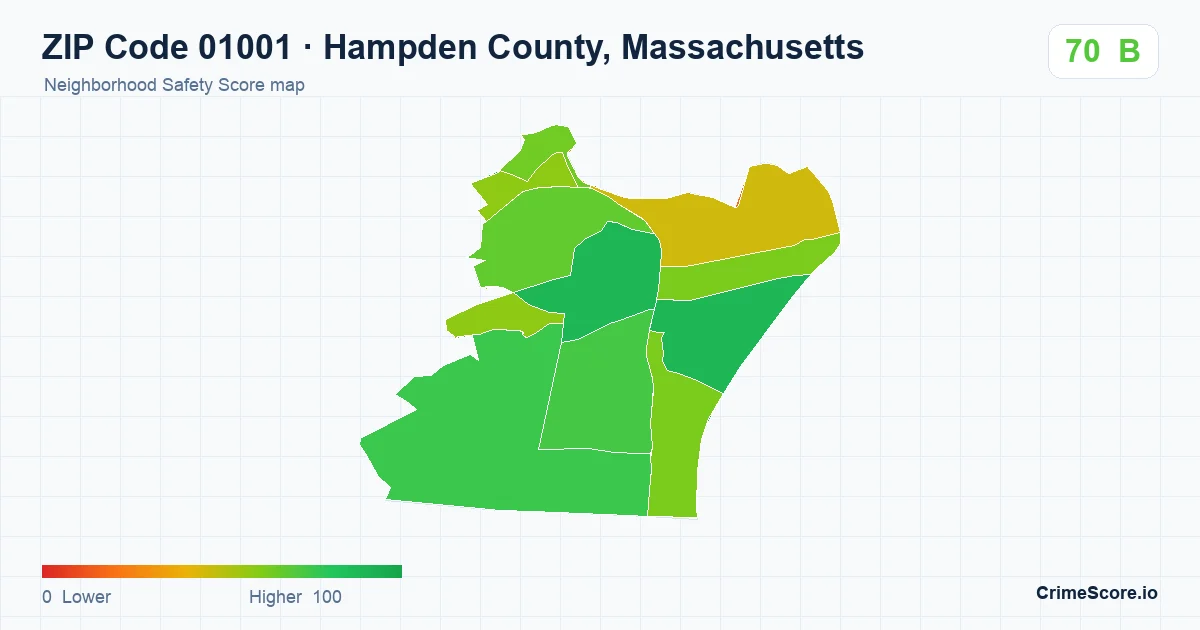 ZIP Code 01001 in Hampden County, Massachusetts neighborhood Safety Score map