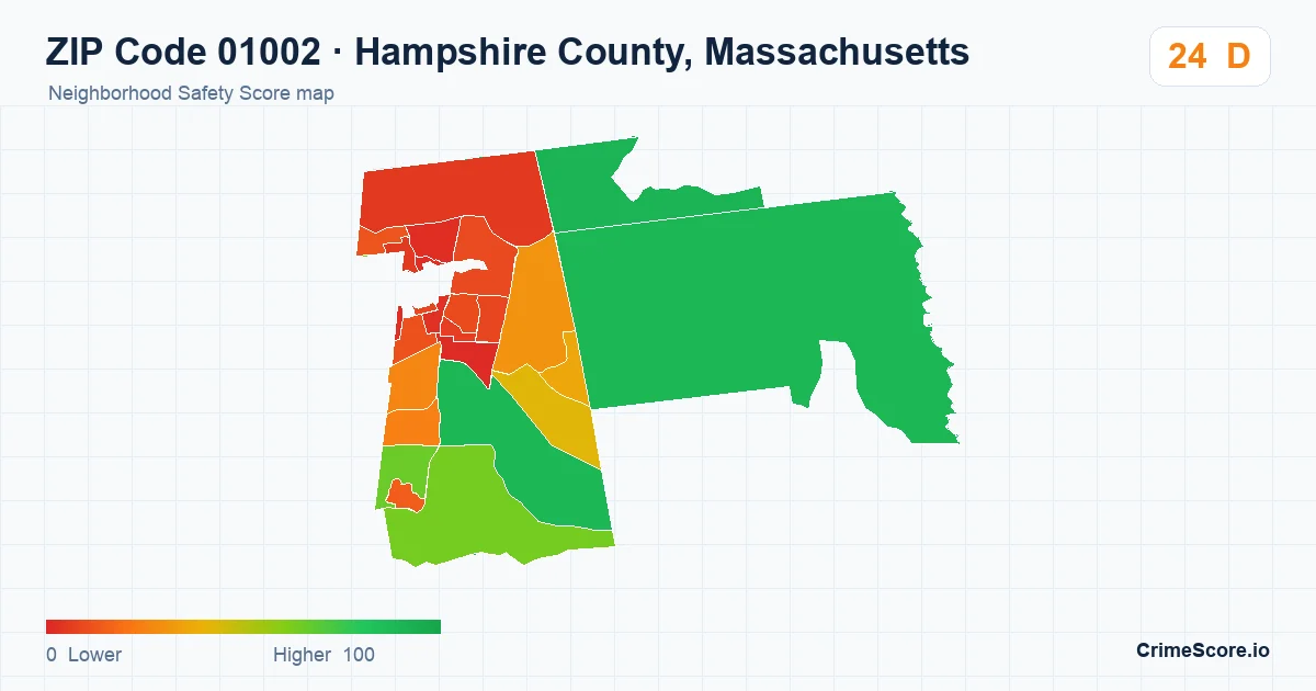 ZIP Code 01002 in Hampshire County, Massachusetts neighborhood Safety Score map