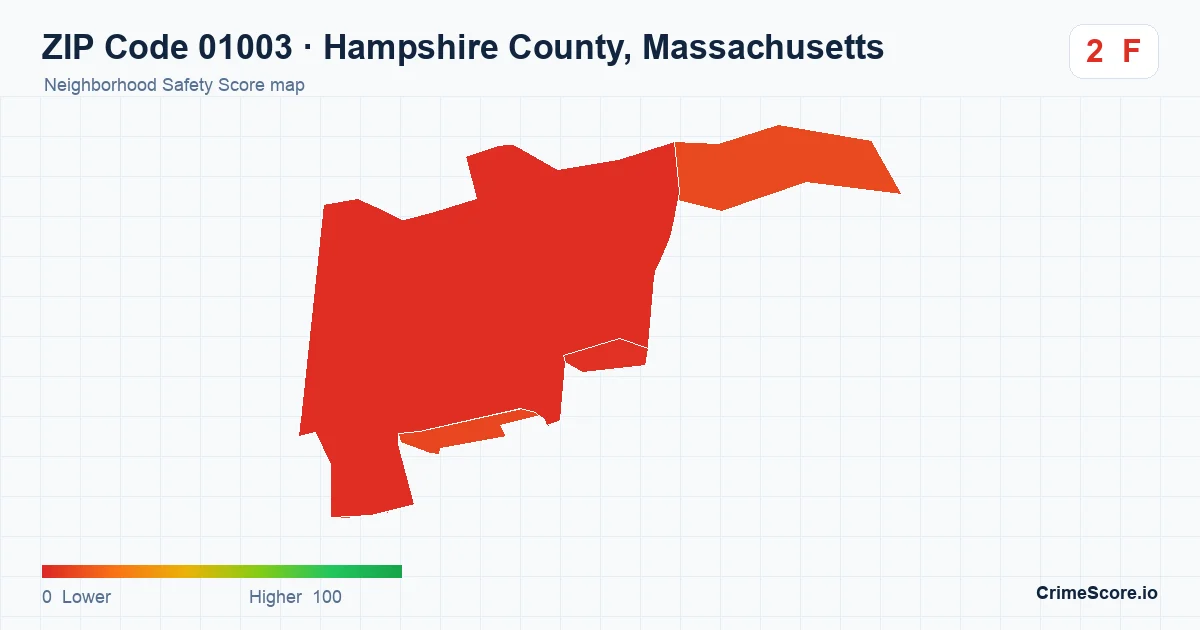 ZIP Code 01003 in Hampshire County, Massachusetts neighborhood Safety Score map