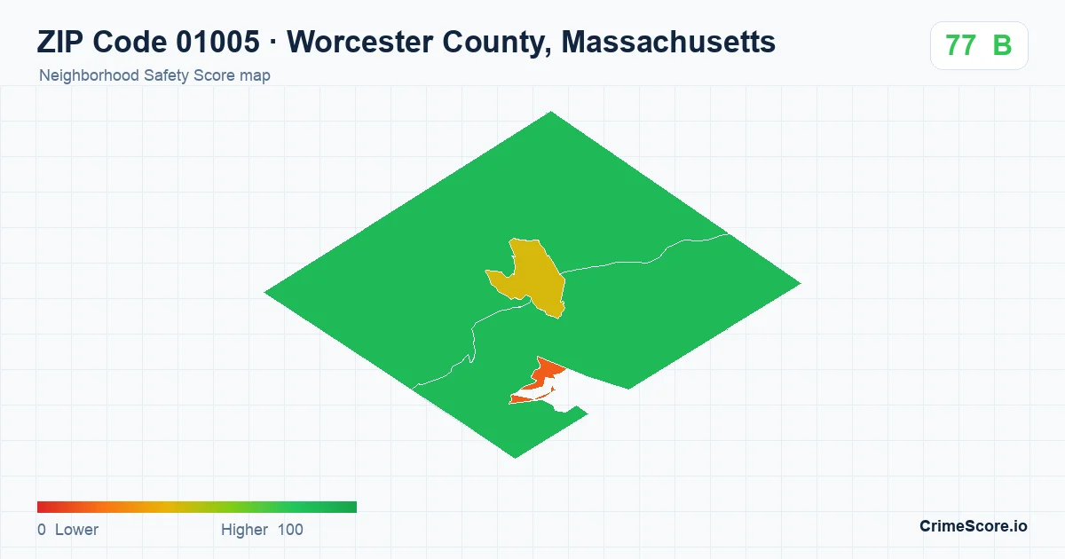 ZIP Code 01005 in Worcester County, Massachusetts neighborhood Safety Score map
