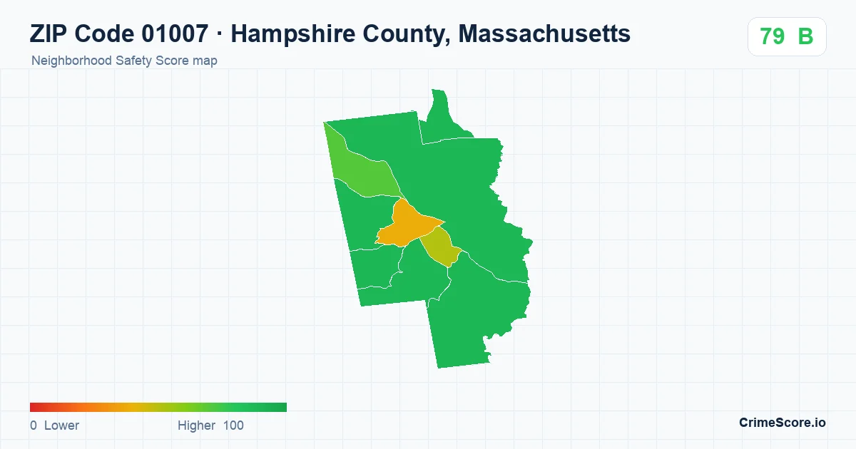ZIP Code 01007 in Hampshire County, Massachusetts neighborhood Safety Score map