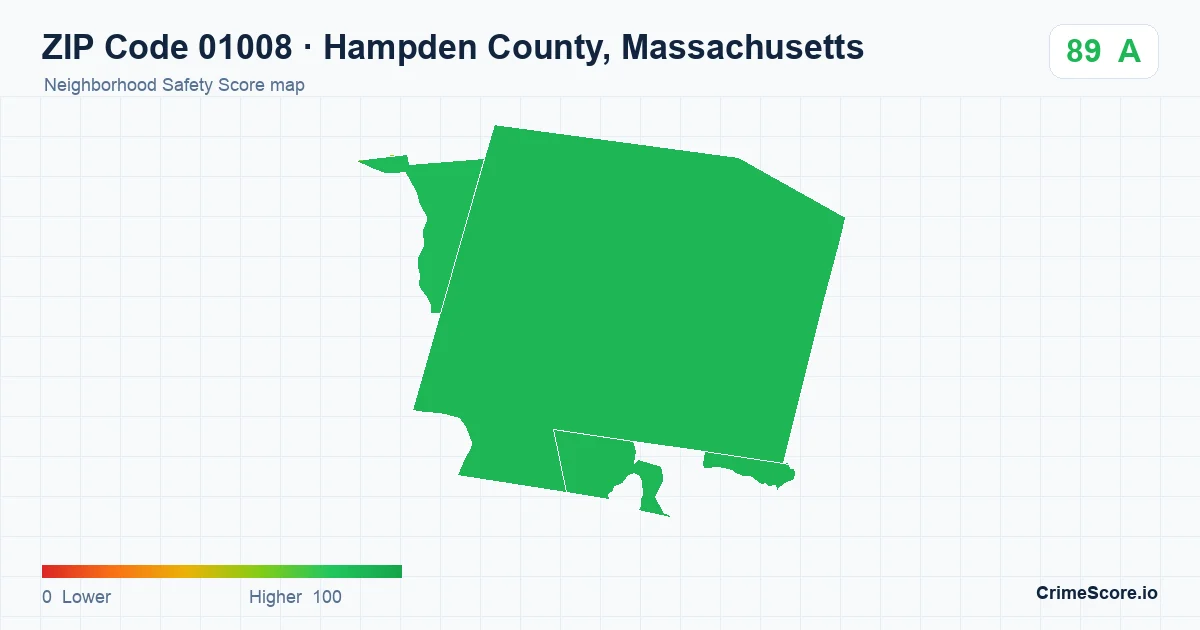 ZIP Code 01008 in Hampden County, Massachusetts neighborhood Safety Score map