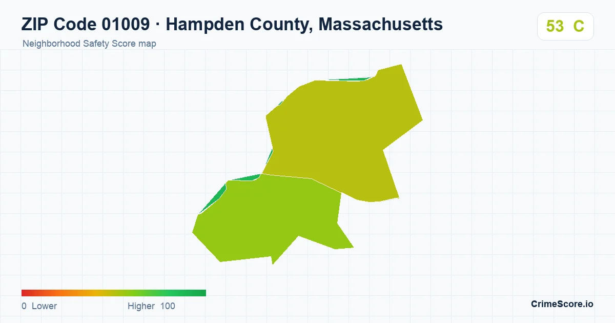 ZIP Code 01009 in Hampden County, Massachusetts neighborhood Safety Score map
