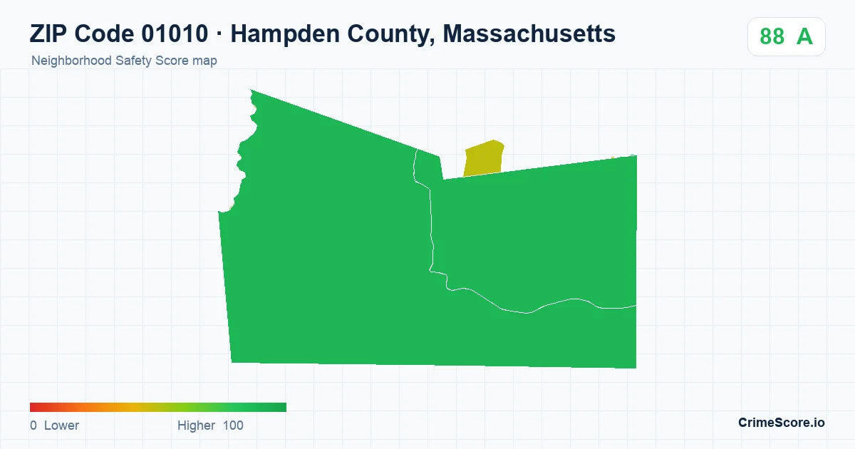 ZIP Code 01010 in Hampden County, Massachusetts neighborhood Safety Score map