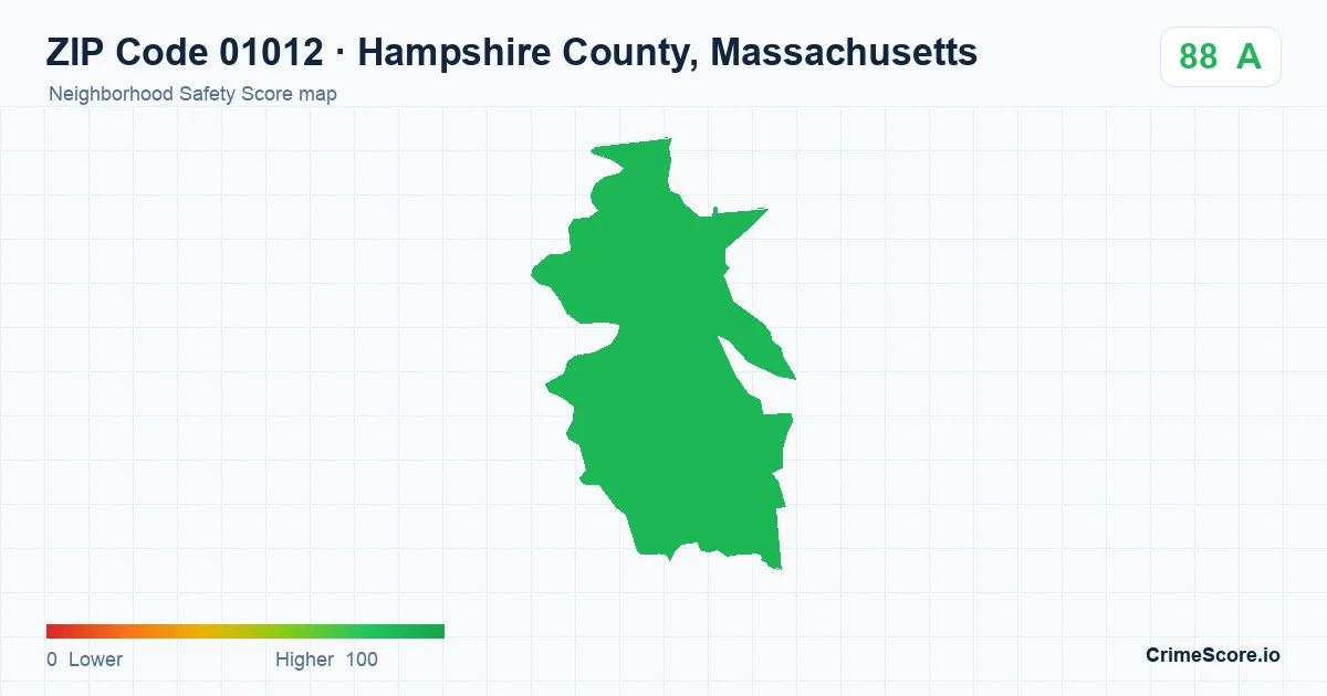 ZIP Code 01012 in Hampshire County, Massachusetts neighborhood Safety Score map
