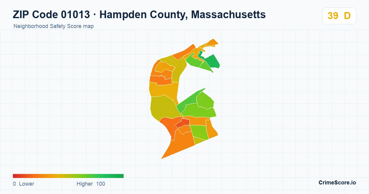 ZIP Code 01013 in Hampden County, Massachusetts neighborhood Safety Score map