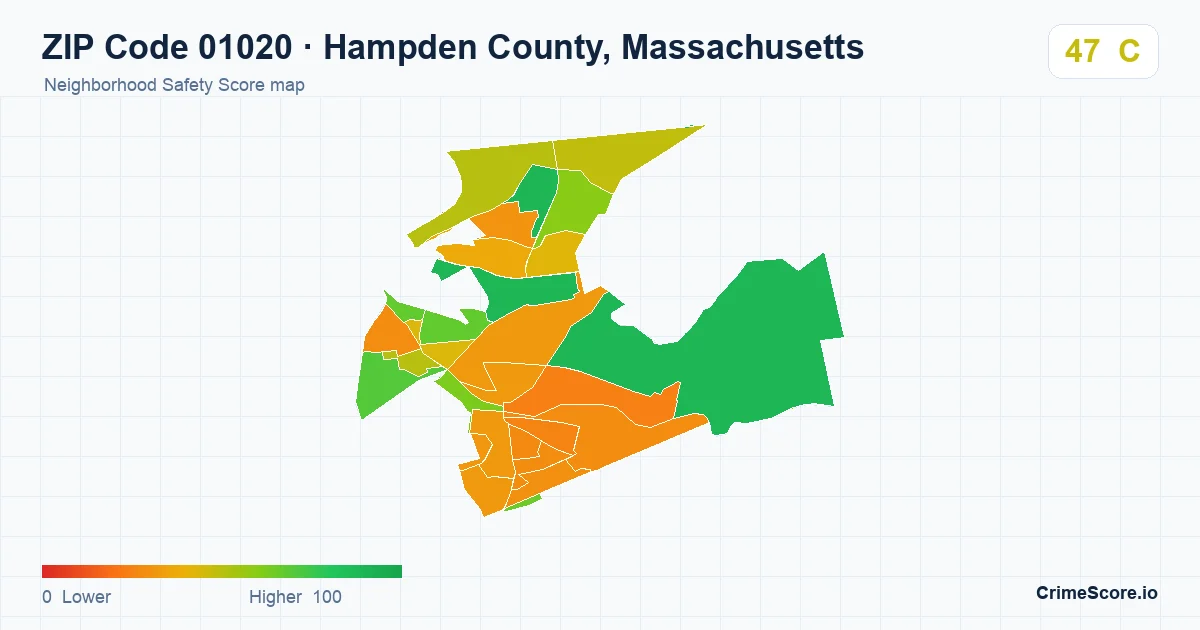 ZIP Code 01020 in Hampden County, Massachusetts neighborhood Safety Score map