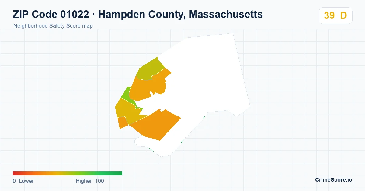 ZIP Code 01022 in Hampden County, Massachusetts neighborhood Safety Score map