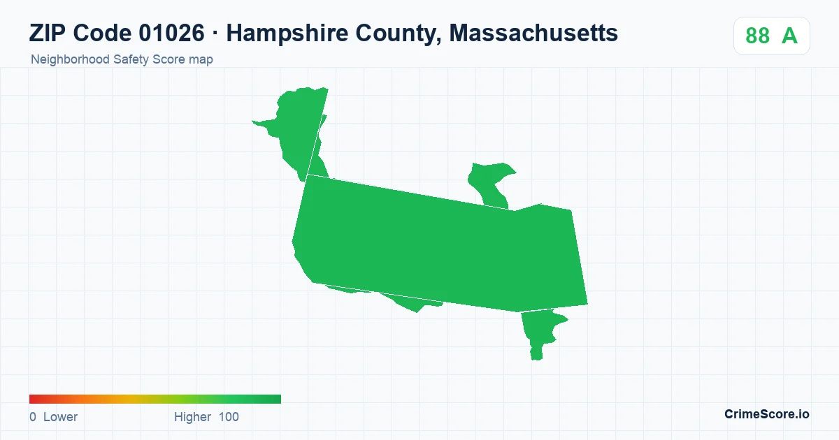 ZIP Code 01026 in Hampshire County, Massachusetts neighborhood Safety Score map