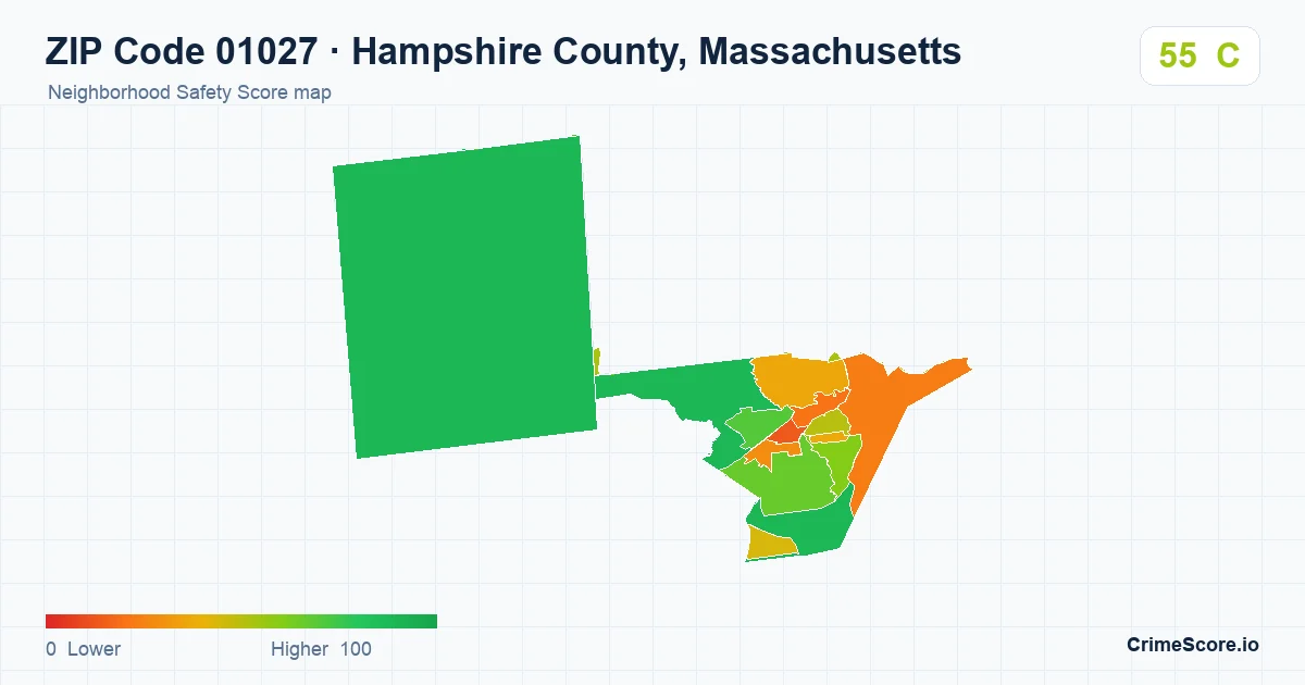 ZIP Code 01027 in Hampshire County, Massachusetts neighborhood Safety Score map