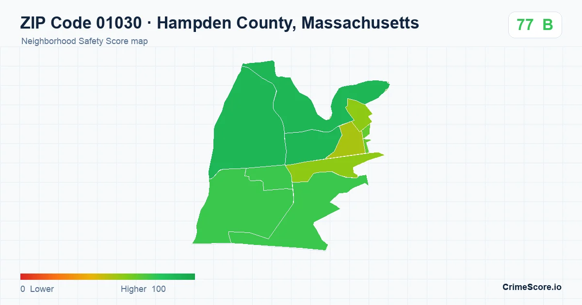 ZIP Code 01030 in Hampden County, Massachusetts neighborhood Safety Score map