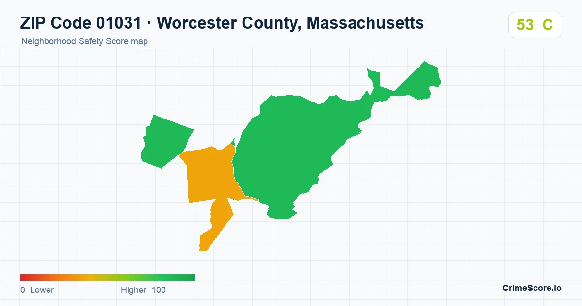 ZIP Code 01031 in Worcester County, Massachusetts neighborhood Safety Score map
