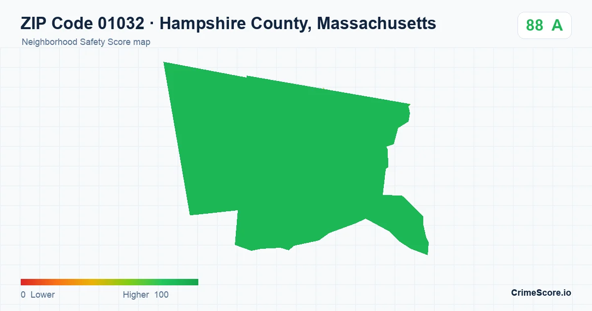 ZIP Code 01032 in Hampshire County, Massachusetts neighborhood Safety Score map