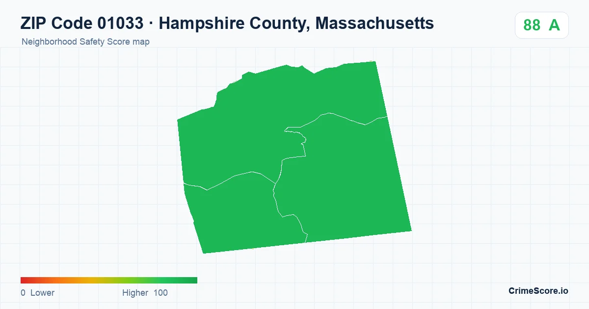 ZIP Code 01033 in Hampshire County, Massachusetts neighborhood Safety Score map