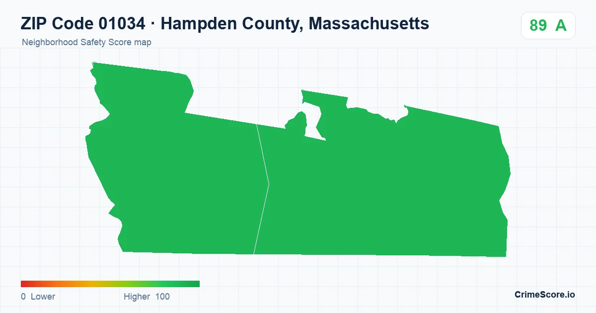 ZIP Code 01034 in Hampden County, Massachusetts neighborhood Safety Score map
