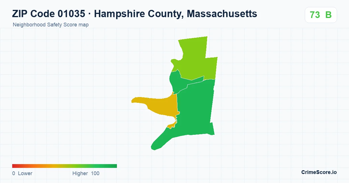 ZIP Code 01035 in Hampshire County, Massachusetts neighborhood Safety Score map