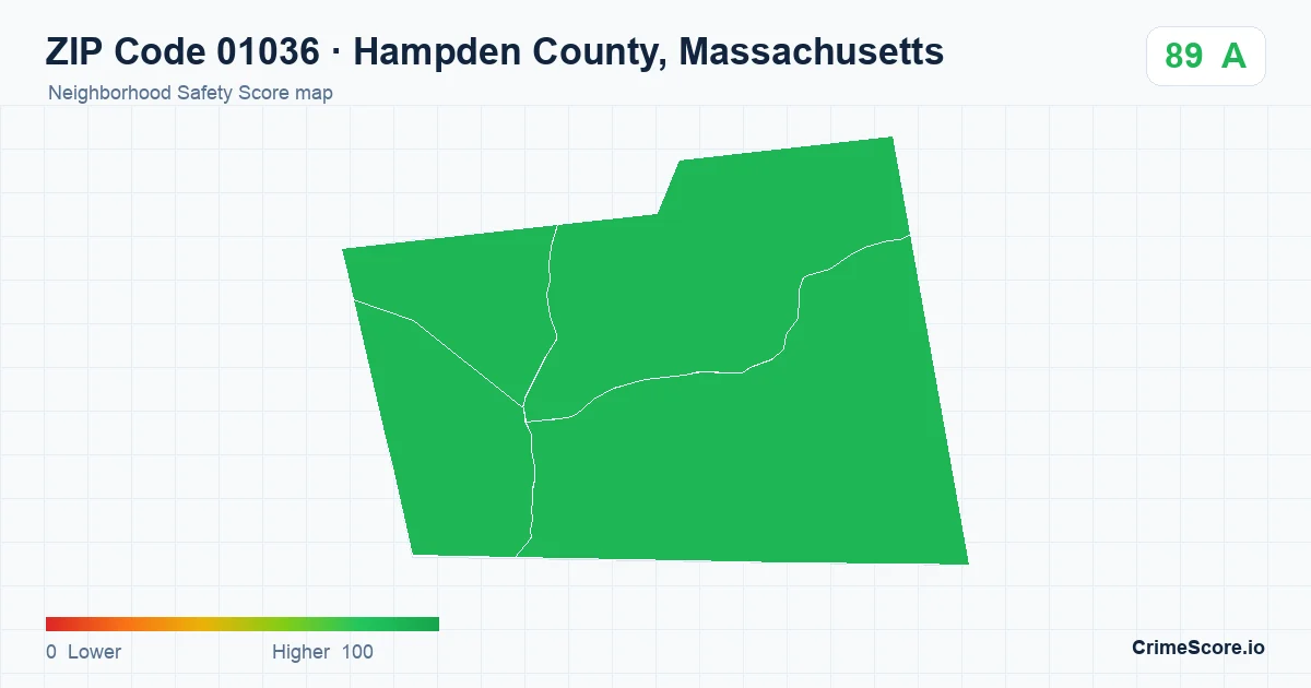 ZIP Code 01036 in Hampden County, Massachusetts neighborhood Safety Score map
