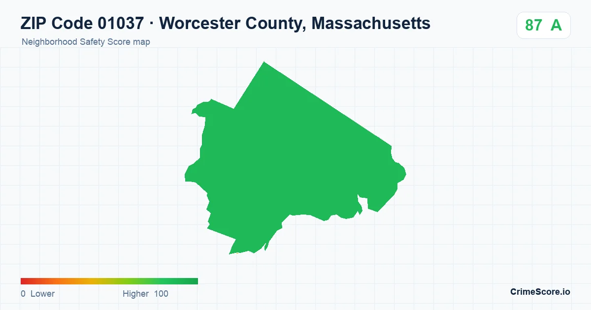 ZIP Code 01037 in Worcester County, Massachusetts neighborhood Safety Score map