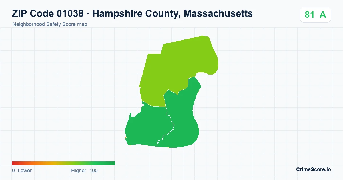 ZIP Code 01038 in Hampshire County, Massachusetts neighborhood Safety Score map