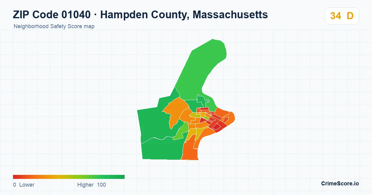 ZIP Code 01040 in Hampden County, Massachusetts neighborhood Safety Score map