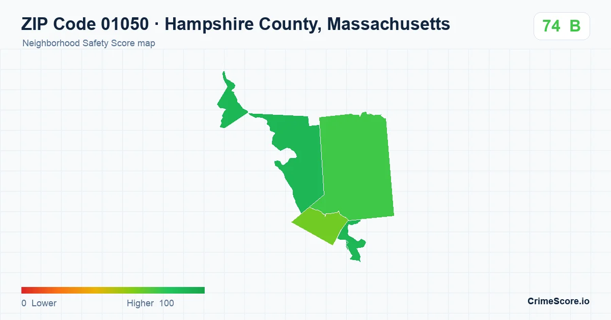 ZIP Code 01050 in Hampshire County, Massachusetts neighborhood Safety Score map