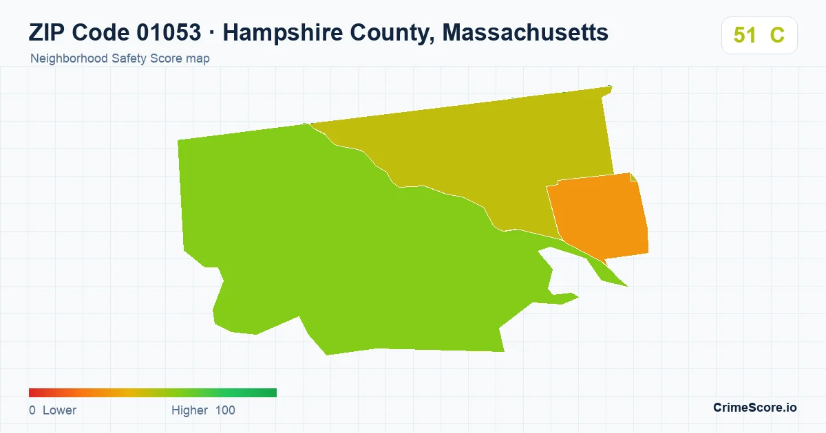 ZIP Code 01053 in Hampshire County, Massachusetts neighborhood Safety Score map