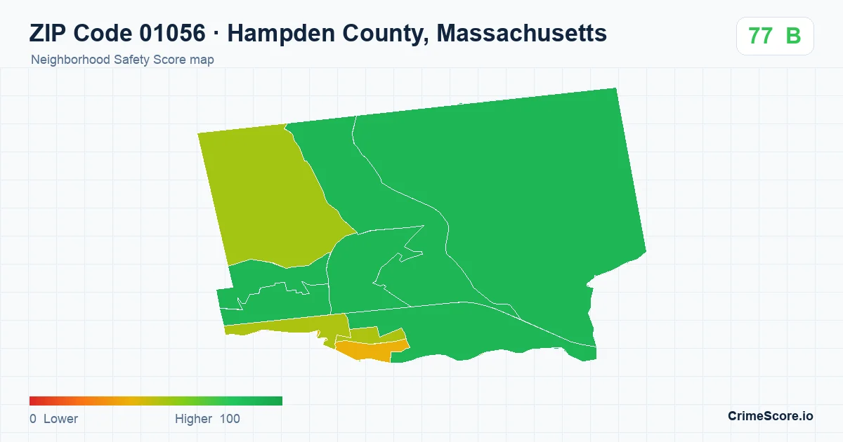 ZIP Code 01056 in Hampden County, Massachusetts neighborhood Safety Score map