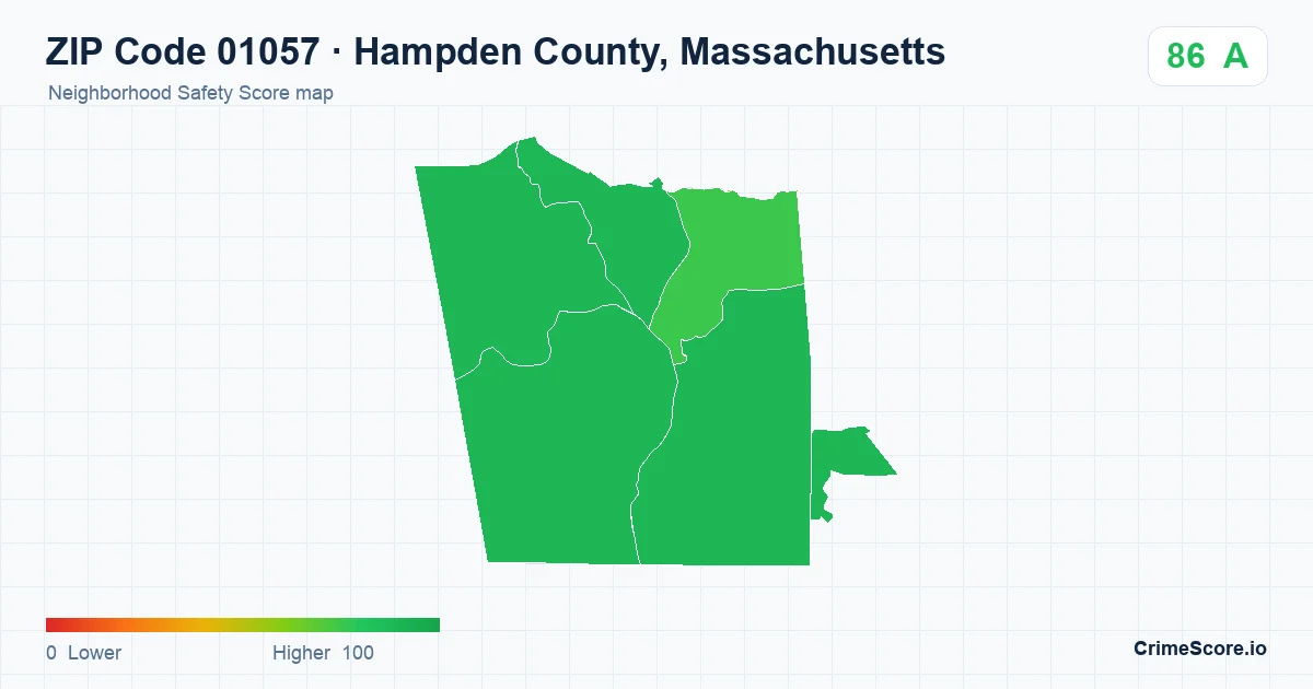 ZIP Code 01057 in Hampden County, Massachusetts neighborhood Safety Score map