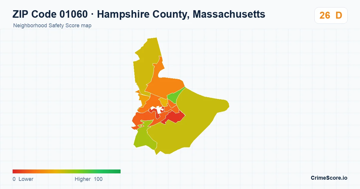 ZIP Code 01060 in Hampshire County, Massachusetts neighborhood Safety Score map