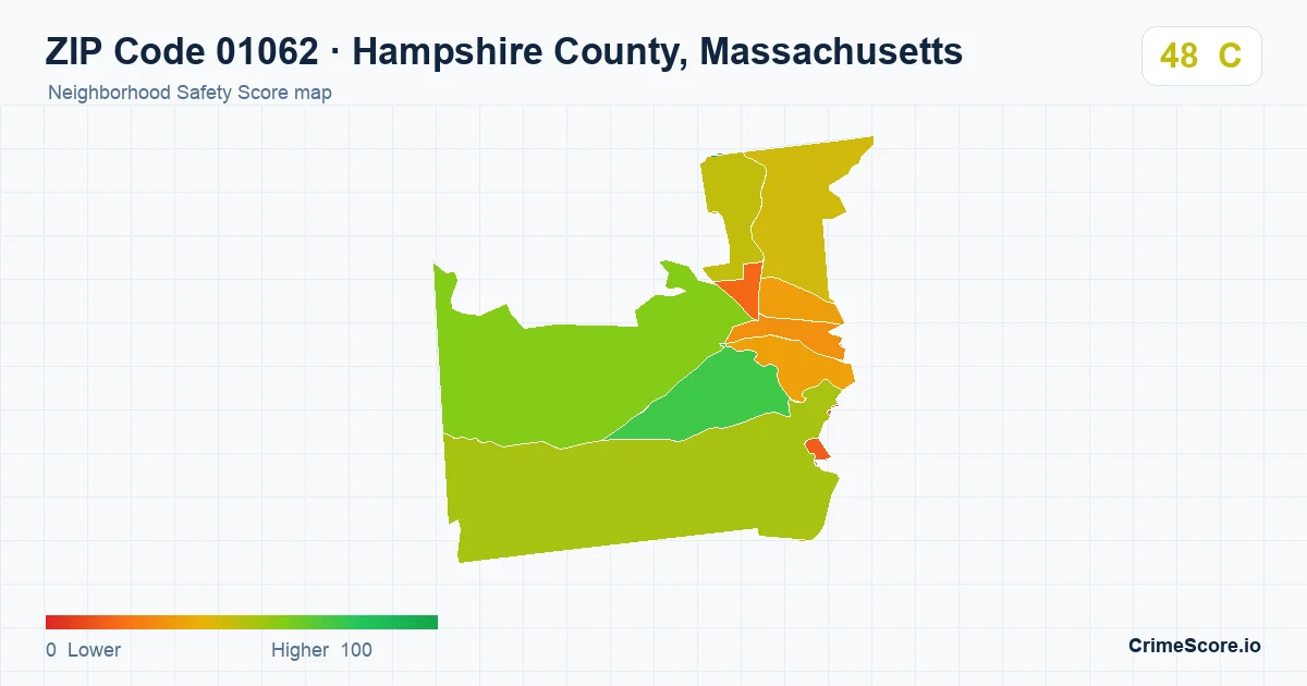 ZIP Code 01062 in Hampshire County, Massachusetts neighborhood Safety Score map