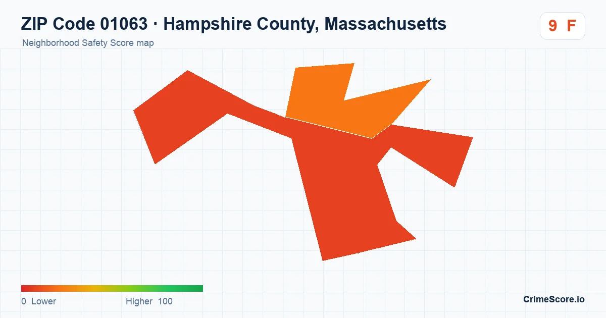 ZIP Code 01063 in Hampshire County, Massachusetts neighborhood Safety Score map