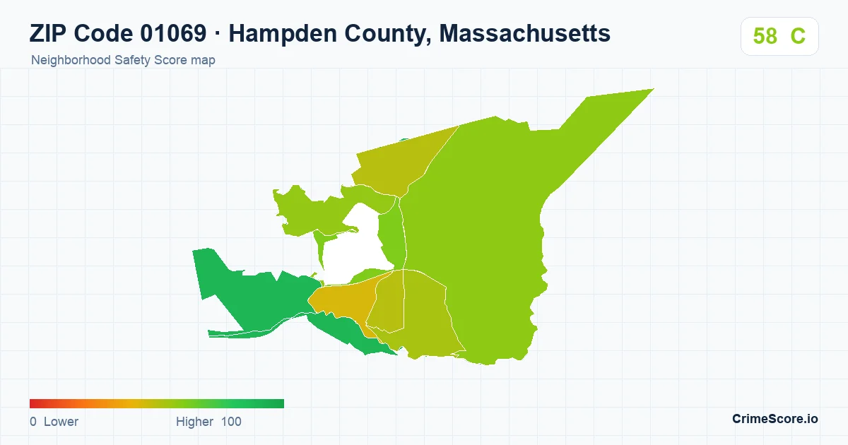 ZIP Code 01069 in Hampden County, Massachusetts neighborhood Safety Score map