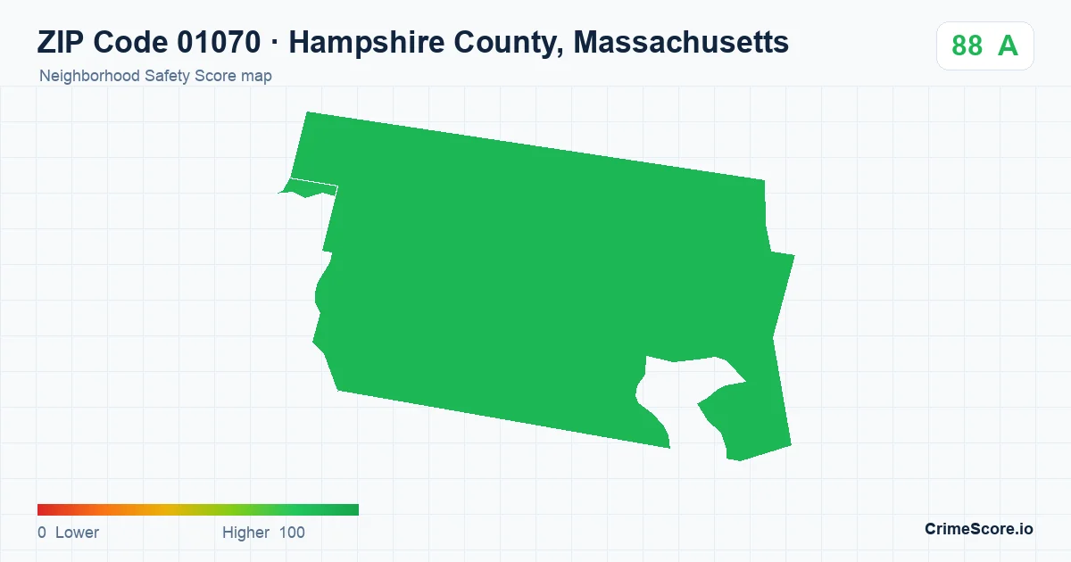 ZIP Code 01070 in Hampshire County, Massachusetts neighborhood Safety Score map