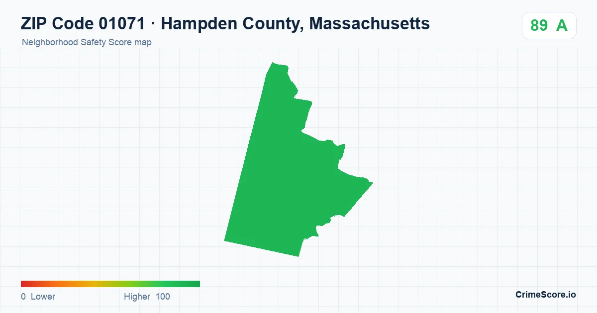 ZIP Code 01071 in Hampden County, Massachusetts neighborhood Safety Score map