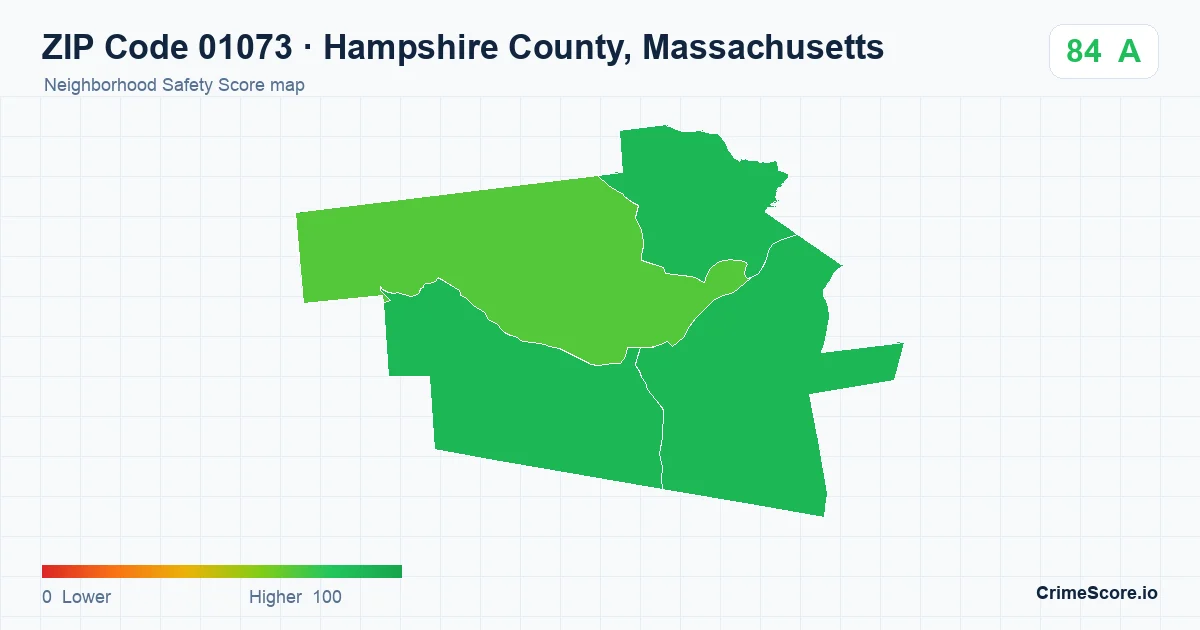 ZIP Code 01073 in Hampshire County, Massachusetts neighborhood Safety Score map