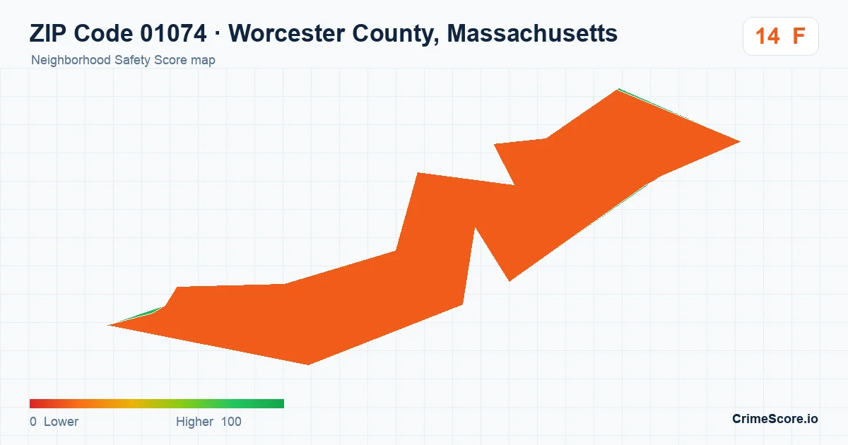 ZIP Code 01074 in Worcester County, Massachusetts neighborhood Safety Score map