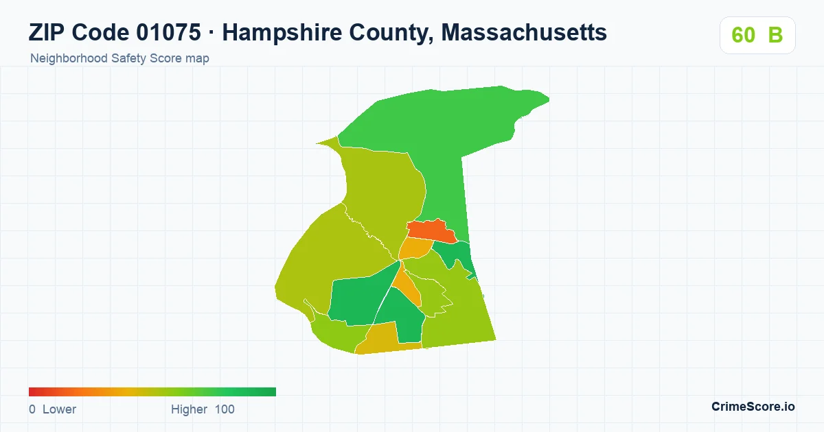 ZIP Code 01075 in Hampshire County, Massachusetts neighborhood Safety Score map
