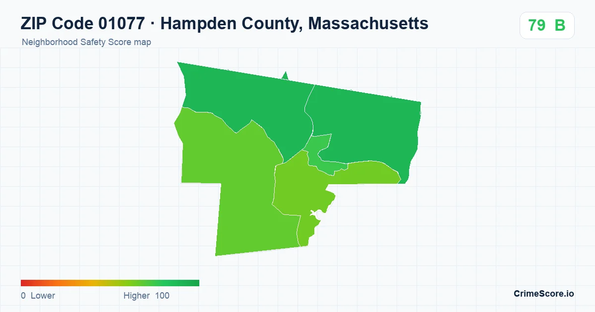 ZIP Code 01077 in Hampden County, Massachusetts neighborhood Safety Score map