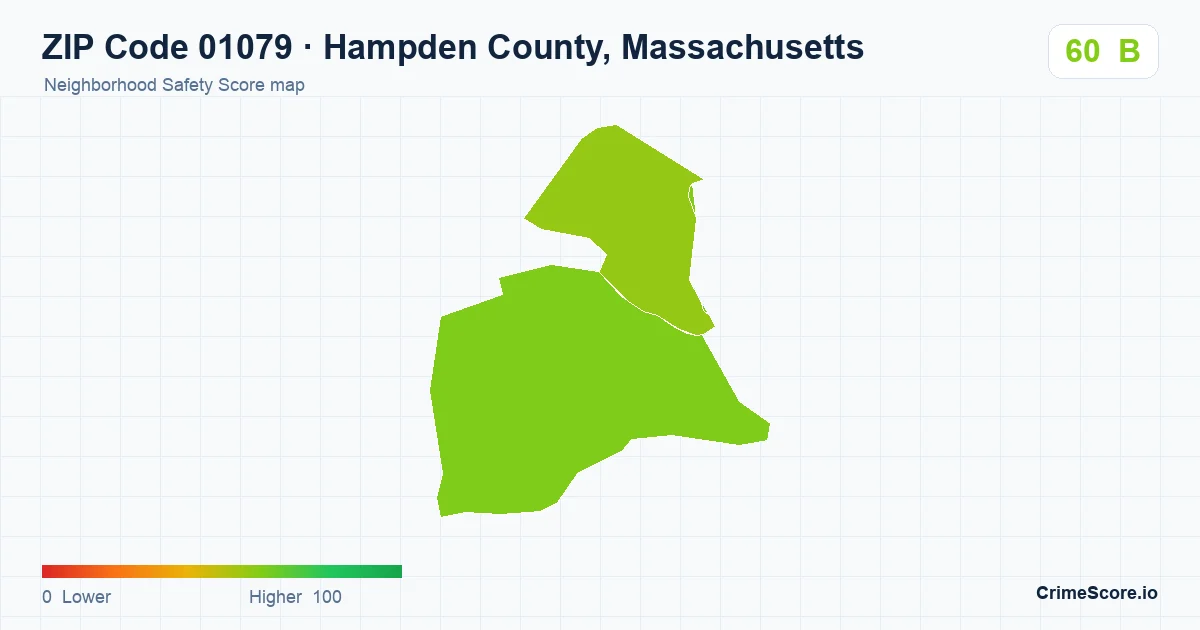 ZIP Code 01079 in Hampden County, Massachusetts neighborhood Safety Score map