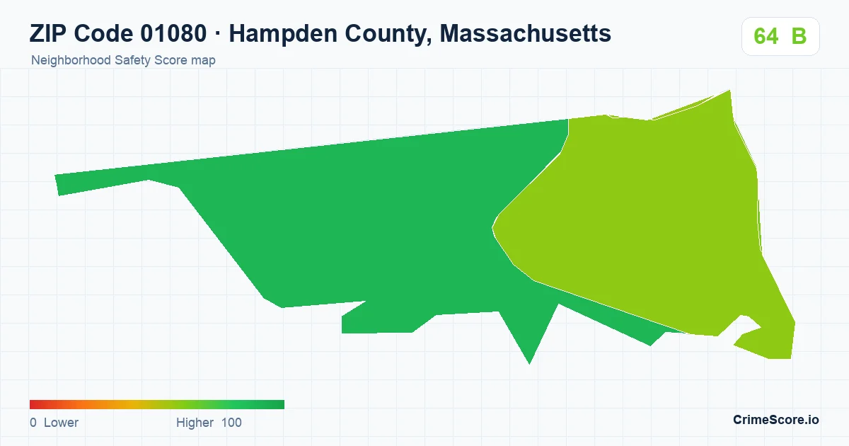 ZIP Code 01080 in Hampden County, Massachusetts neighborhood Safety Score map
