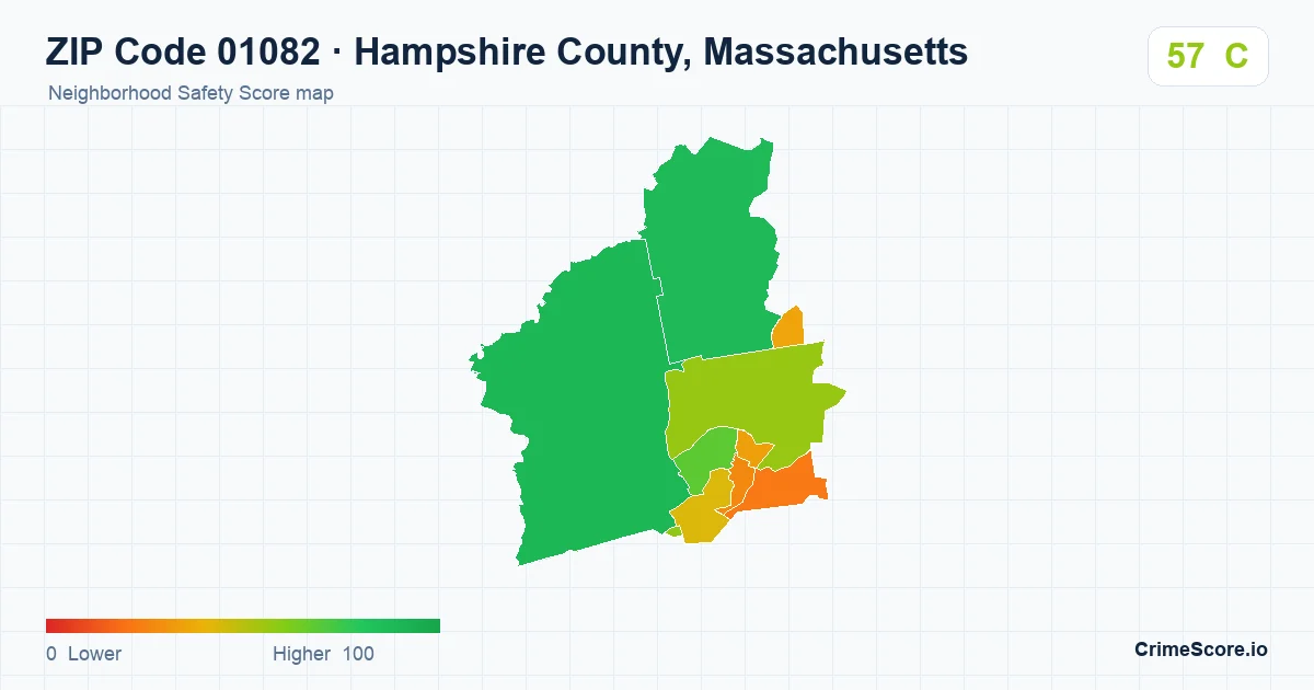 ZIP Code 01082 in Hampshire County, Massachusetts neighborhood Safety Score map