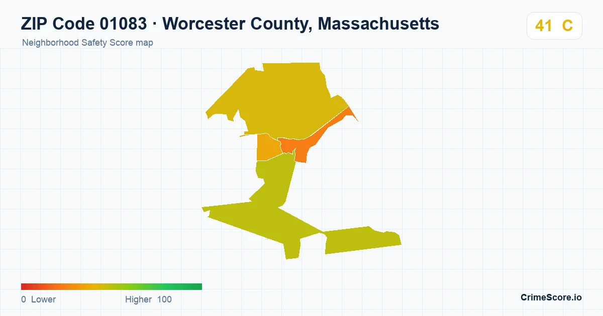 ZIP Code 01083 in Worcester County, Massachusetts neighborhood Safety Score map