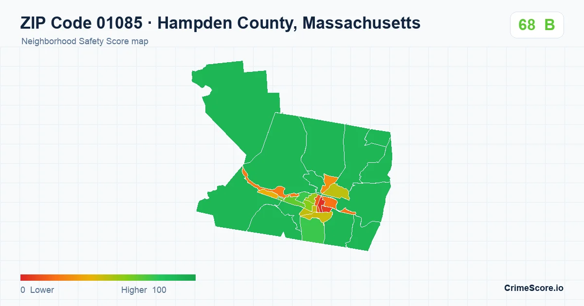 ZIP Code 01085 in Hampden County, Massachusetts neighborhood Safety Score map