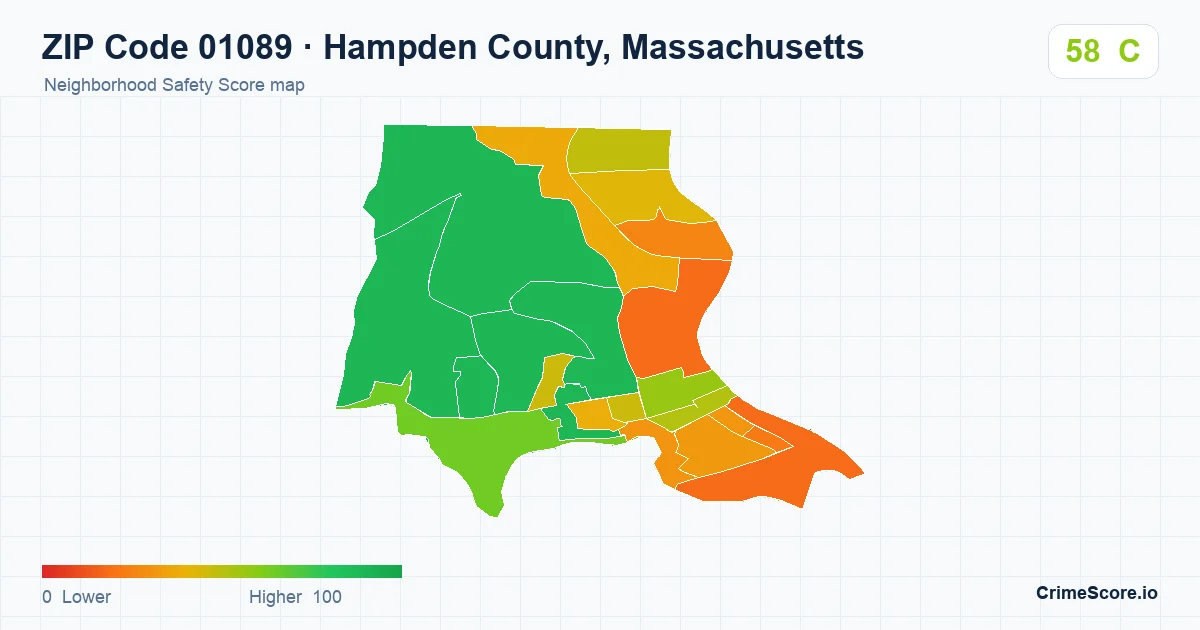 ZIP Code 01089 in Hampden County, Massachusetts neighborhood Safety Score map