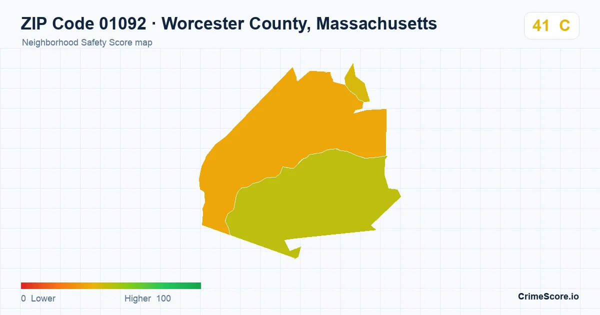 ZIP Code 01092 in Worcester County, Massachusetts neighborhood Safety Score map