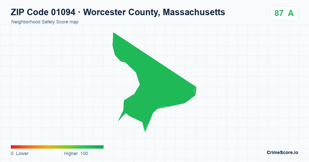 ZIP Code 01094 in Worcester County, Massachusetts neighborhood Safety Score map