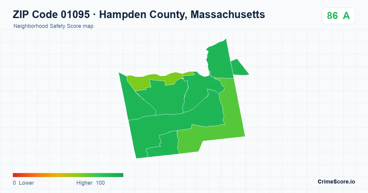 ZIP Code 01095 in Hampden County, Massachusetts neighborhood Safety Score map