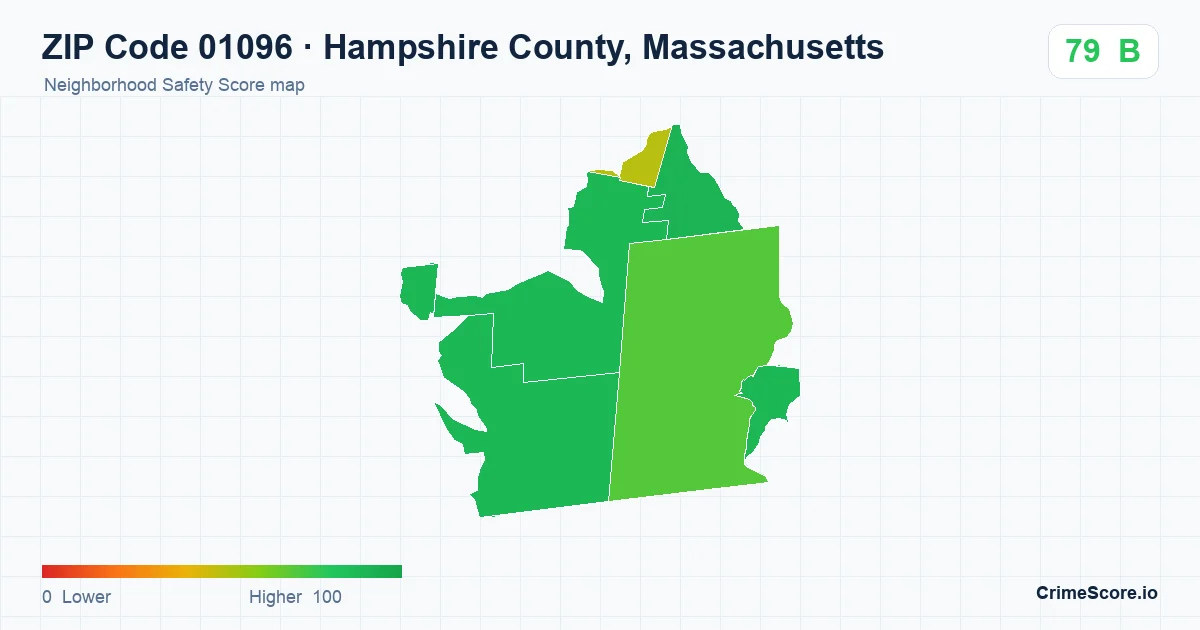 ZIP Code 01096 in Hampshire County, Massachusetts neighborhood Safety Score map
