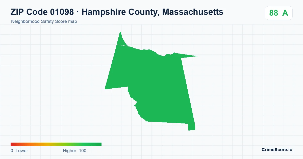 ZIP Code 01098 in Hampshire County, Massachusetts neighborhood Safety Score map