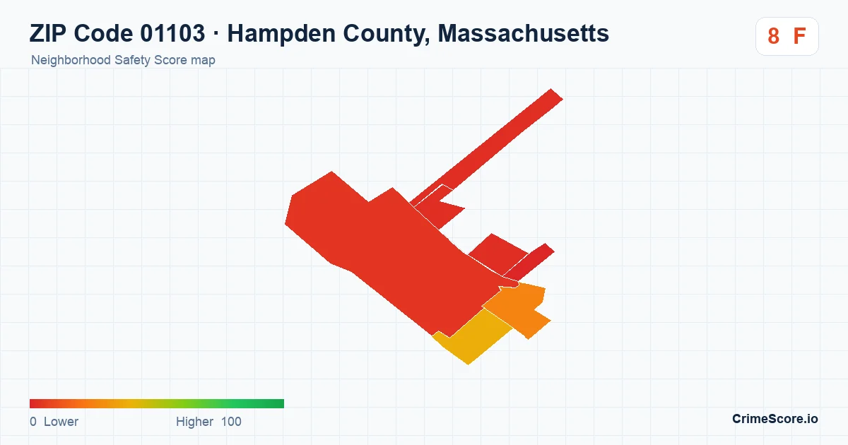 ZIP Code 01103 in Hampden County, Massachusetts neighborhood Safety Score map